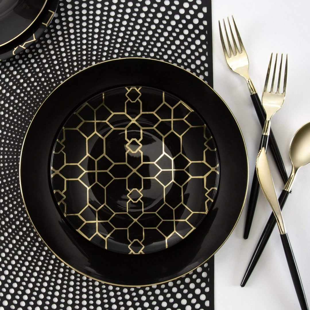 Black and Gold Geo Pattern Plastic Plates - 2 Sizes