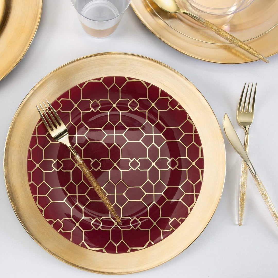 Cranberry Lattice Pattern Gold Rimmed Plastic Plates - 2 Sizes