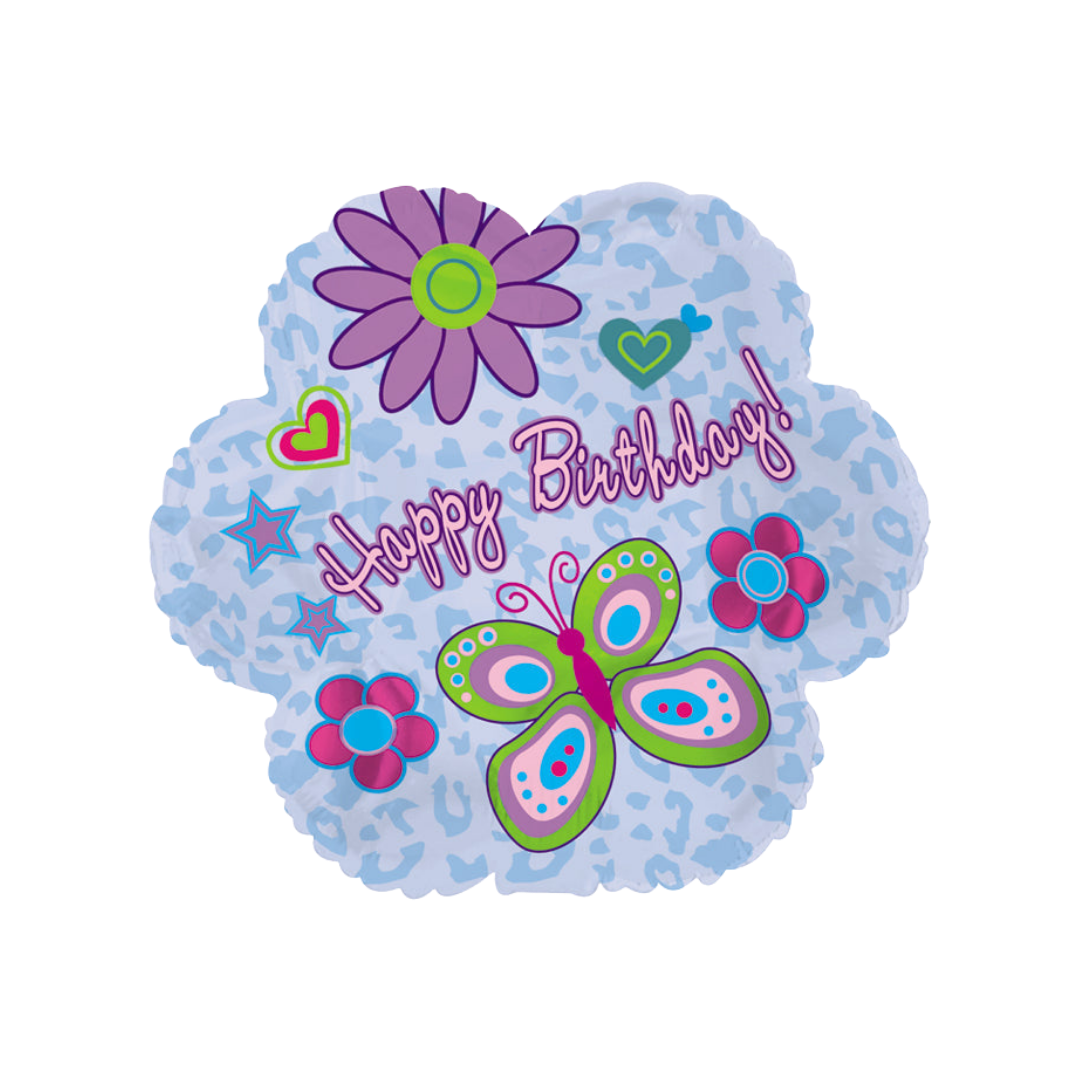 Blue Butterfly and Flowers Happy Birthday Foil Balloon, 18in