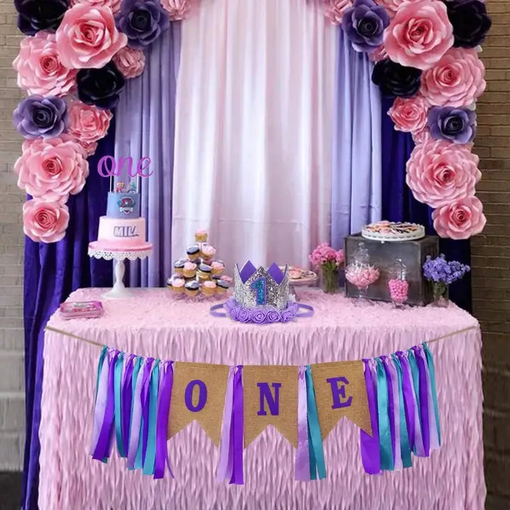 Purple 1st Birthday Banner & Crown Set