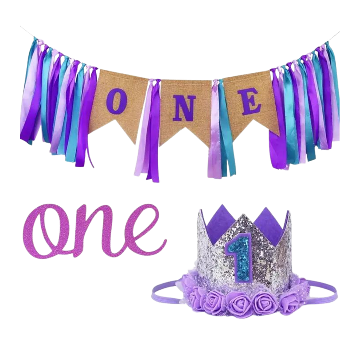 1st Birthday Banner & Crown Set - Purple