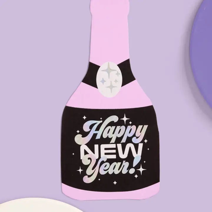 Purple and Black "Happy New Year" Champagne Bottled Shaped Cocktail Napkins