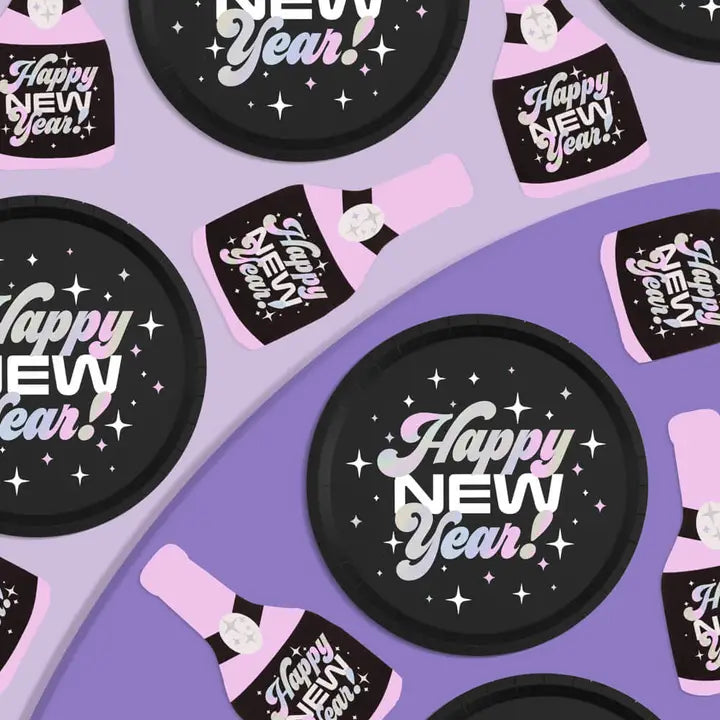 Purple and Black "Happy New Year" Champagne Bottled Shaped Cocktail Napkins