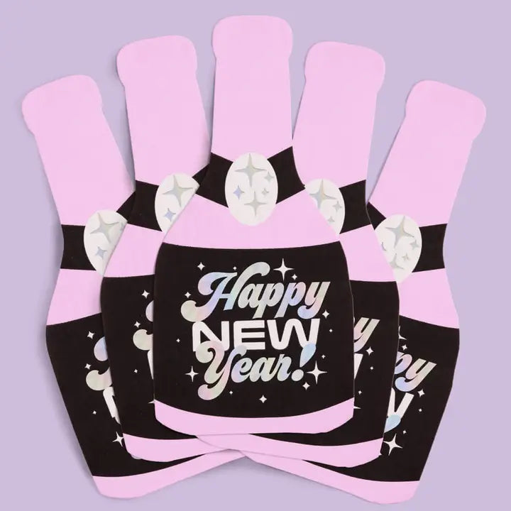 Purple and Black "Happy New Year" Champagne Bottled Shaped Cocktail Napkins