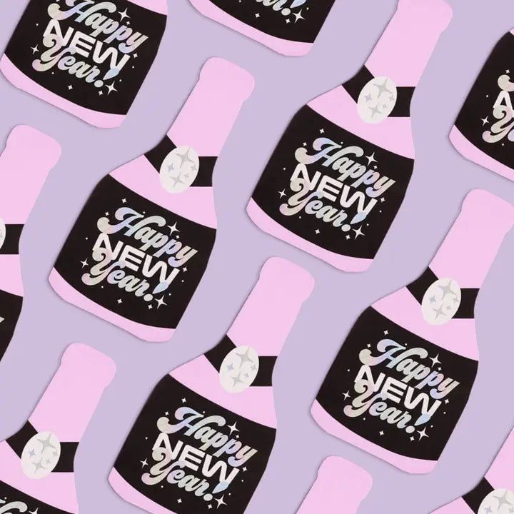 Purple and Black "Happy New Year" Champagne Bottled Shaped Cocktail Napkins