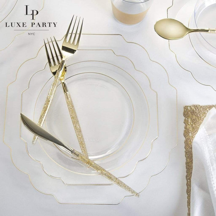 Clear Scalloped Gold Rimmed Plastic Plates - 2 Sizes