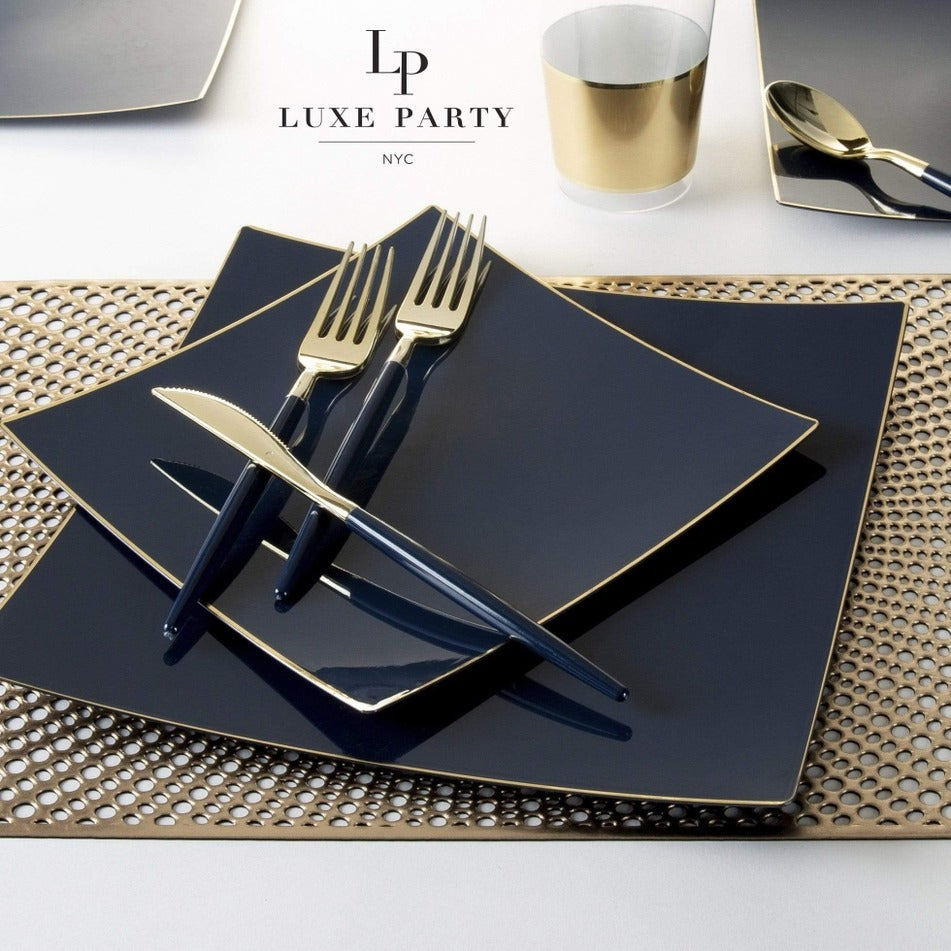 Navy Square Coupe Gold Rimmed Plastic Plates - 2 Sizes