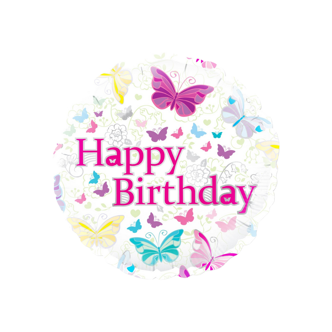 White and Pink Butterflies Happy Birthday Foil Balloon, 18in