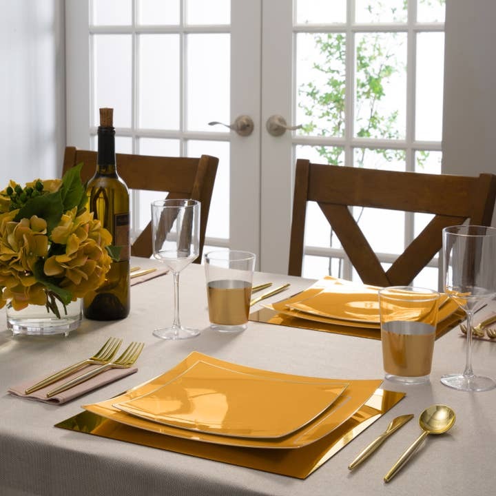 Yellow Square Coupe Gold Rimmed Plastic Plates - 2 Sizes