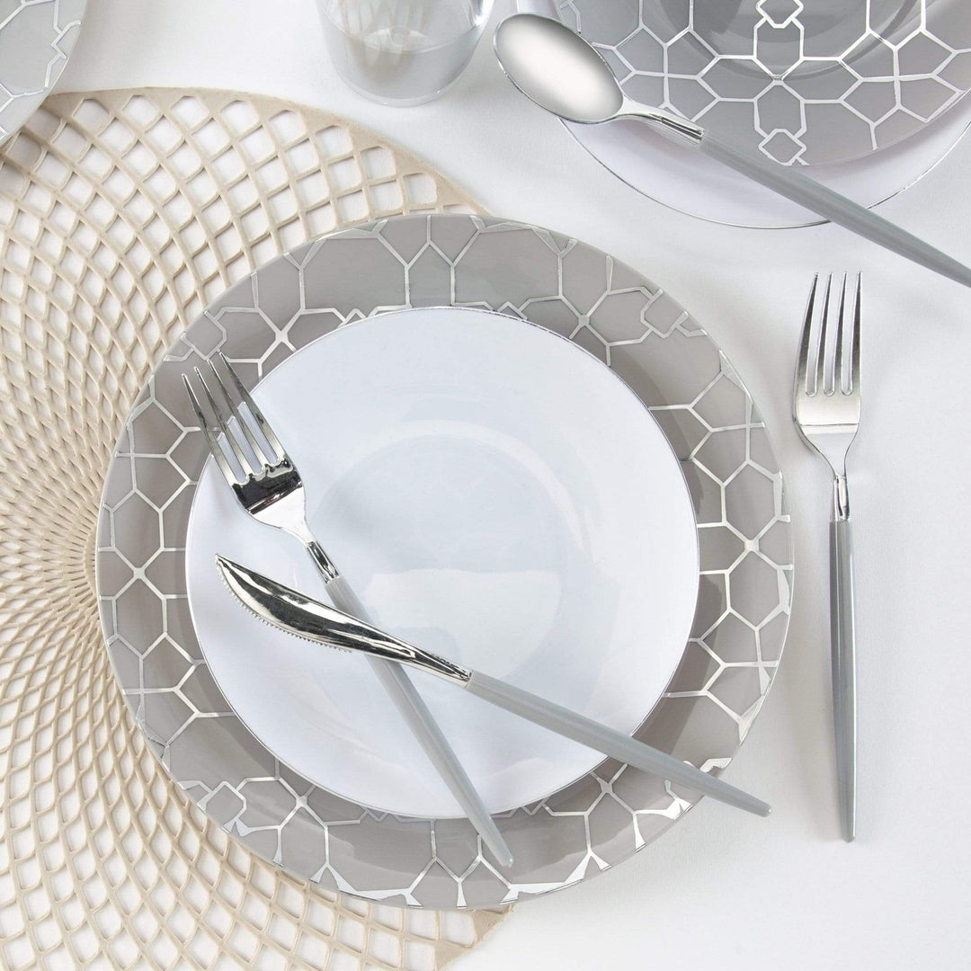 White Silver Rimmed Plastic Plates - 2 Sizes