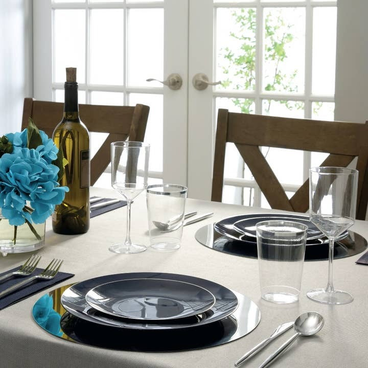 Navy Silver Rimmed Plastic Plates - 2 Sizes