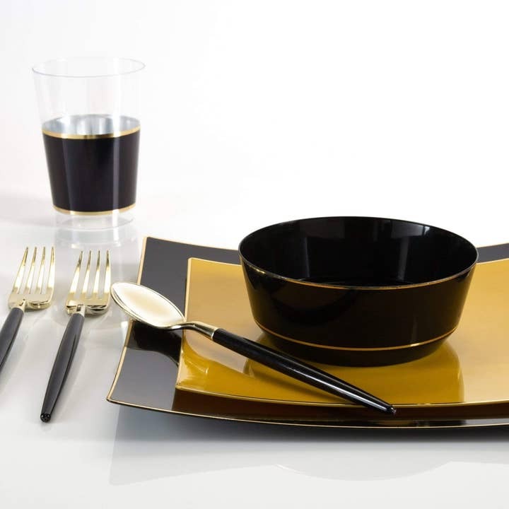 Yellow Square Coupe Gold Rimmed Plastic Plates - 2 Sizes