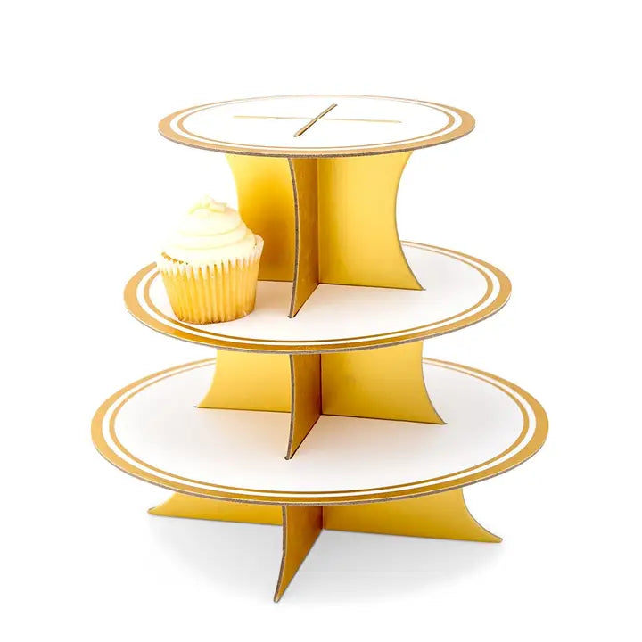 3 Tier Cardboard Cupcake Display Stand - White & Gold