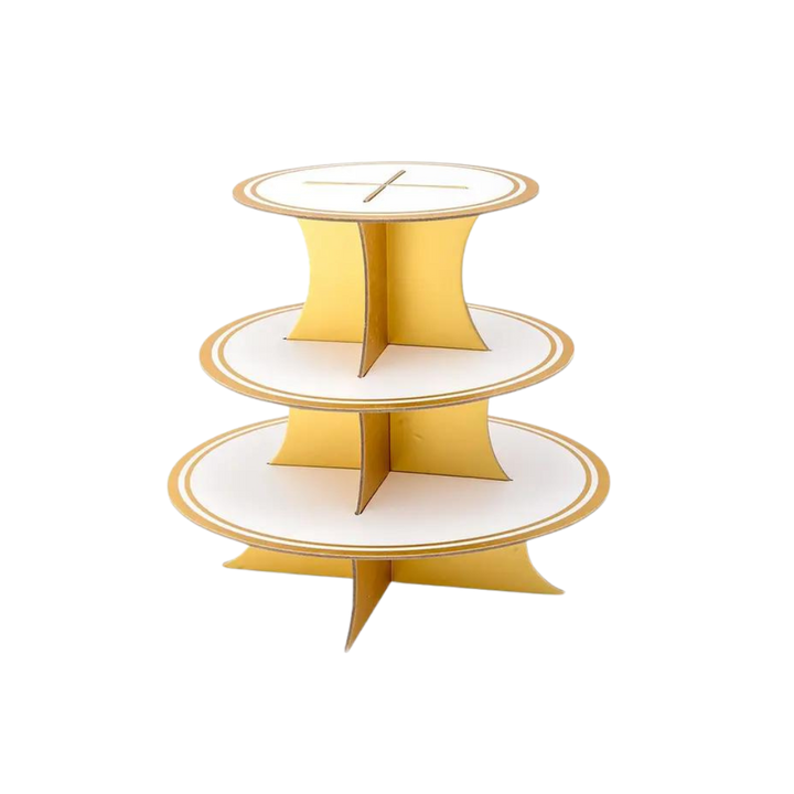 3 Tier Cardboard Cupcake Display Stand - White & Gold