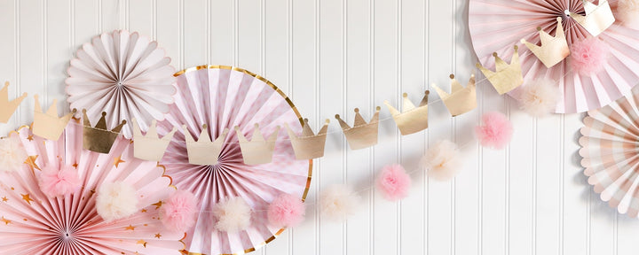 Pink and Gold Princess Crowns and Pom Pom Tulle Banner 