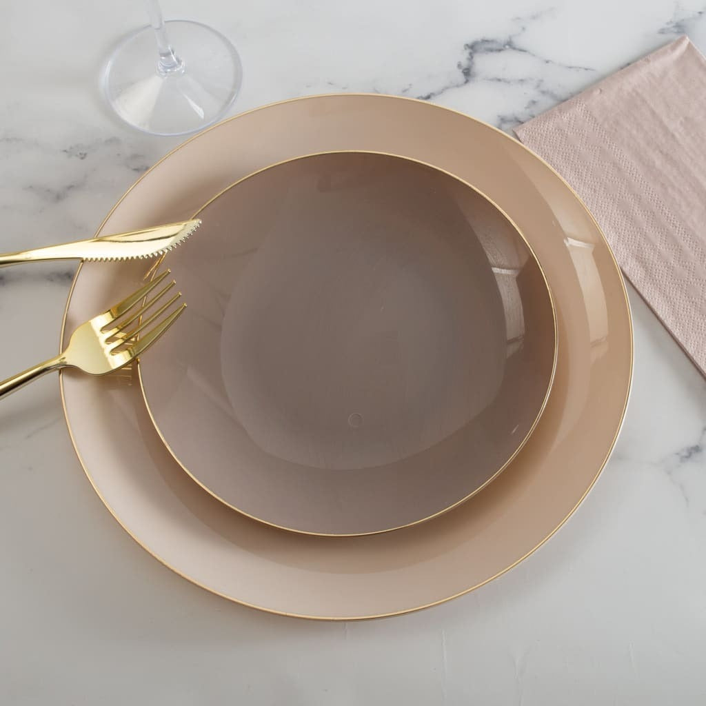 Taupe Gold Rimmed Plastic Plates - 2 Sizes