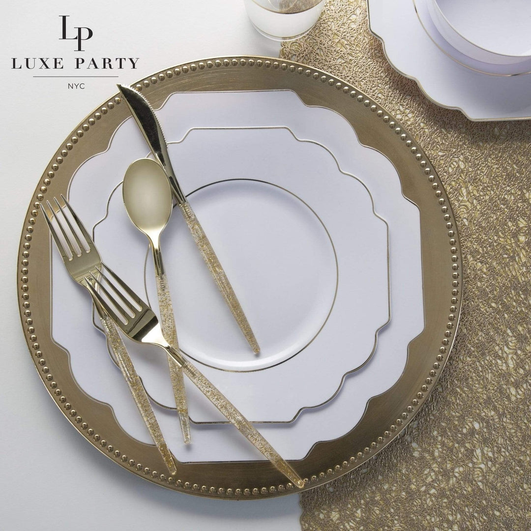 White Scalloped Gold Rimmed Plastic Plates - 2 Sizes