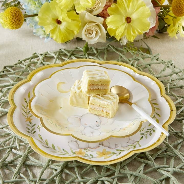 White and Yellow Elephant Baby Shower Scalloped Large Dinner Plates