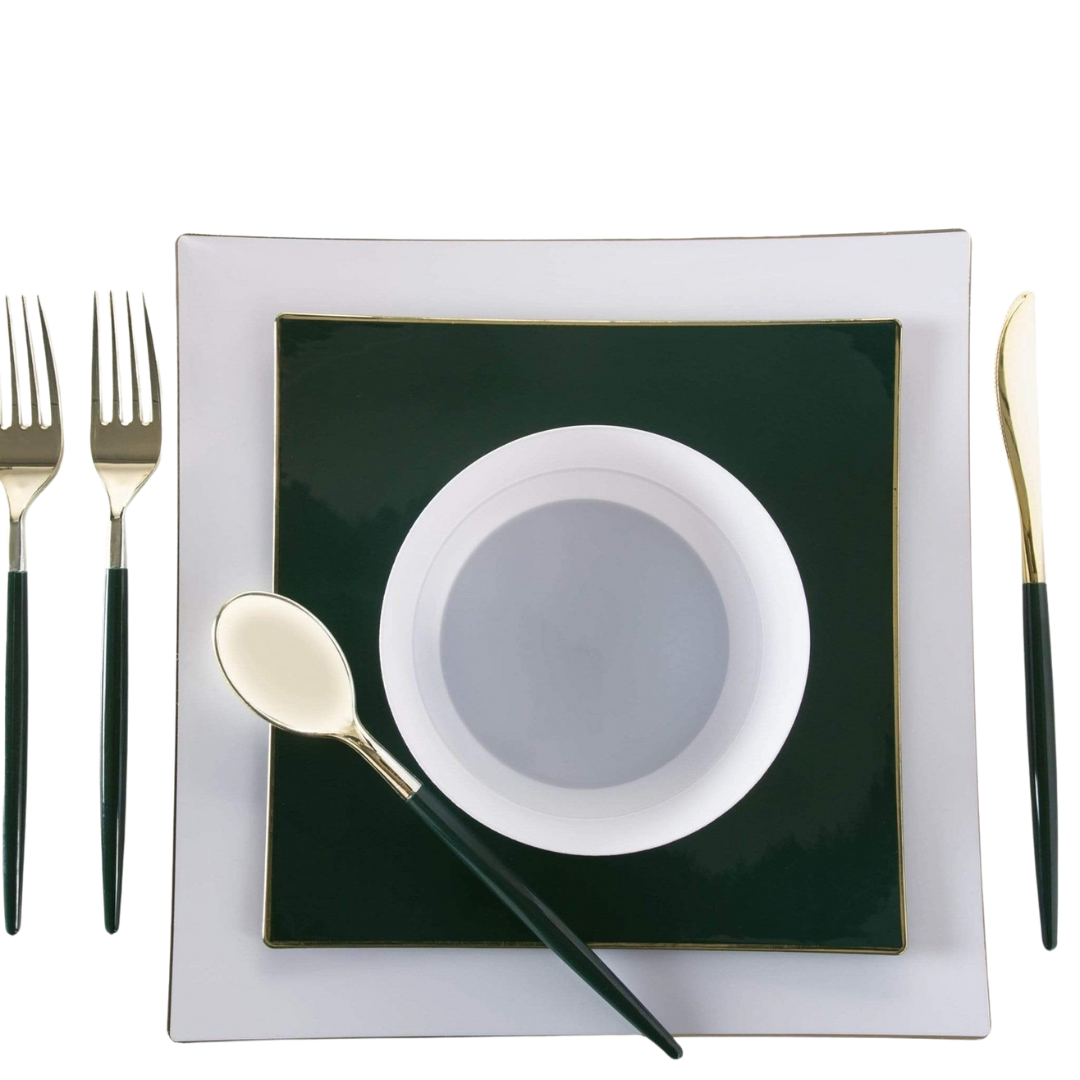 Emerald and Gold Plastic Cutlery Set - 32 pcs