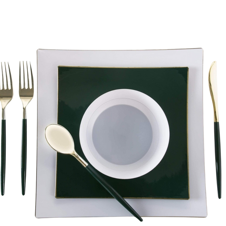 Emerald and Gold Plastic Cutlery Set - 32 pcs