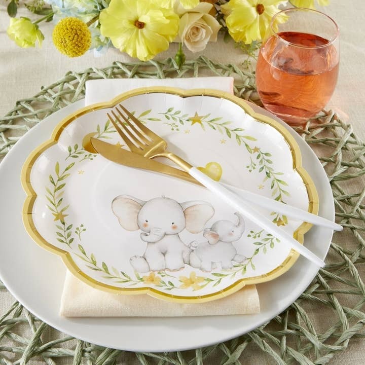 White and Yellow Elephant Baby Shower Scalloped Large Dinner Plates