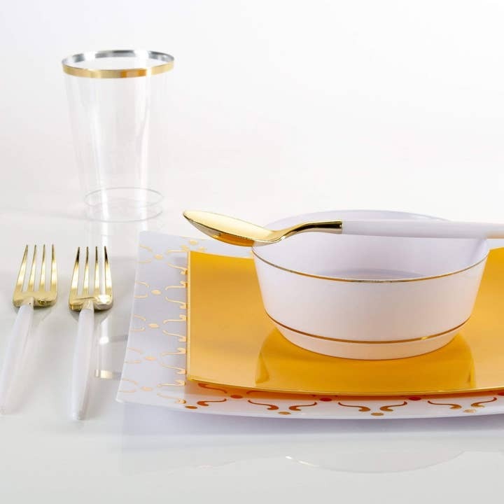 Yellow Square Coupe Gold Rimmed Plastic Plates - 2 Sizes