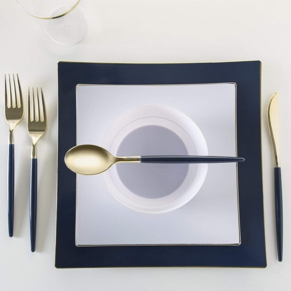 Navy Square Coupe Gold Rimmed Plastic Plates - 2 Sizes