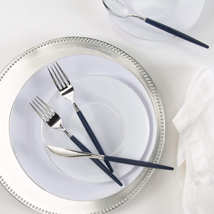 White Silver Rimmed Plastic Plates - 2 Sizes