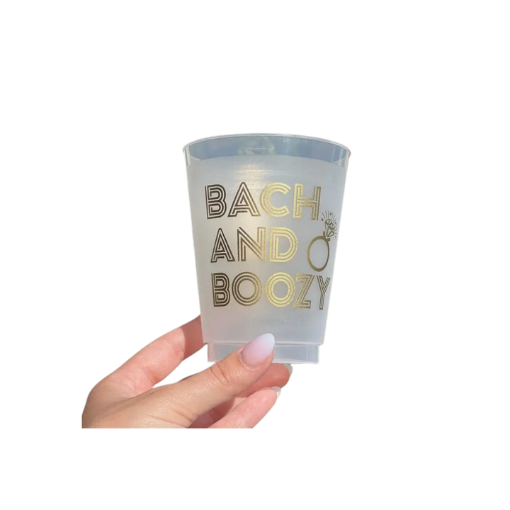 Clear and Gold "Bach and Boozy" Frosted Plastic Cups