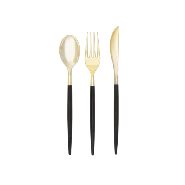 Black and Gold Plastic Cutlery Set - 32 pcs