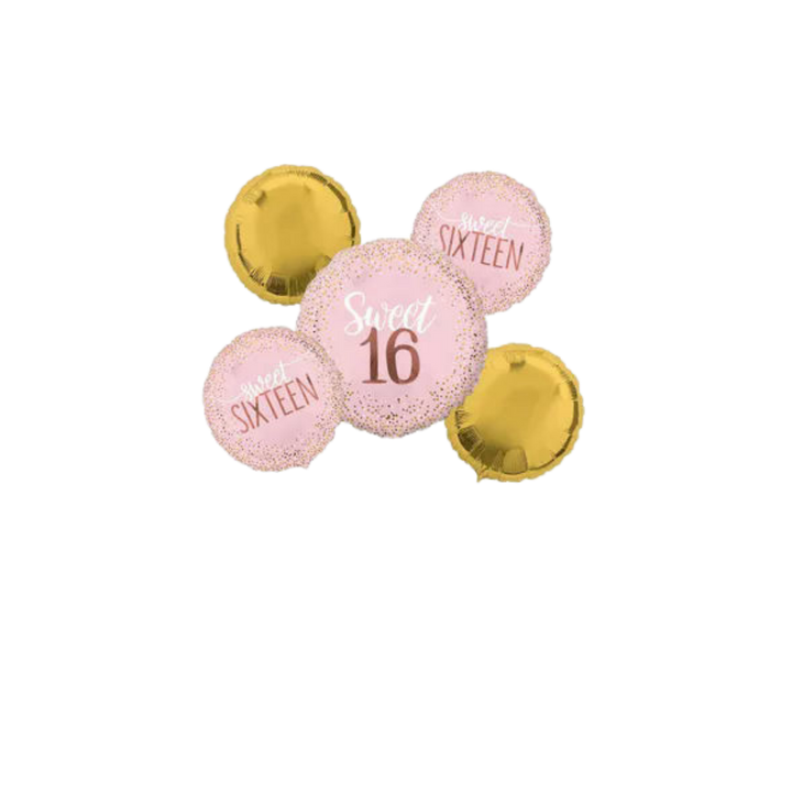 Blush Pink & Gold Sweet 16 Birthday Foil Balloon Bouquet,