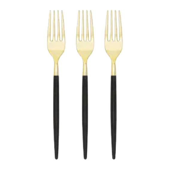 Black and Gold Chic Round Plastic Forks - 32 pcs