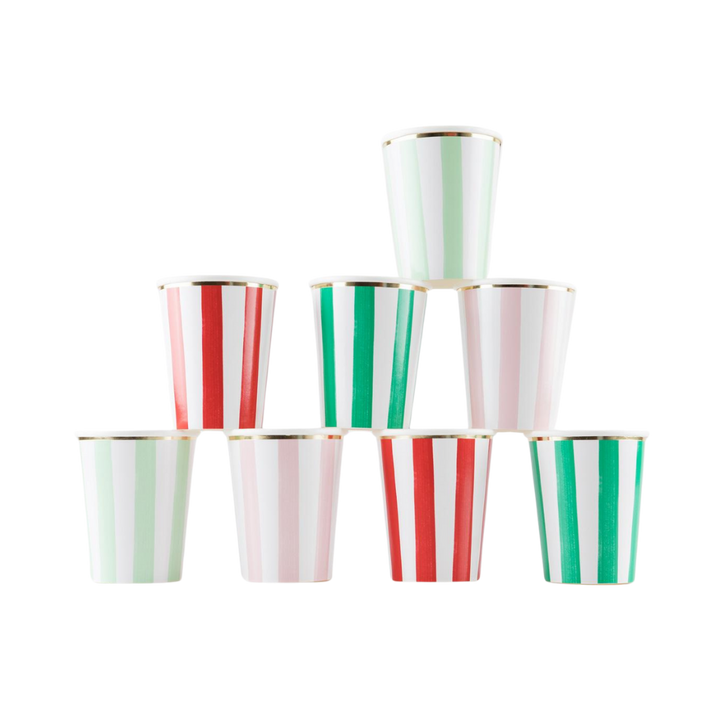 White Red and Green Stripe Christmas Festive Cups