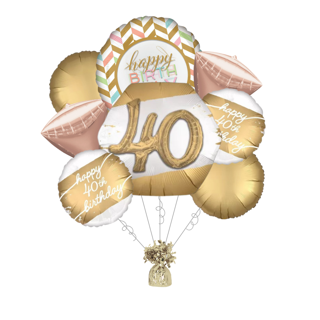 Premium Golden Age 40th Birthday Foil Balloon Bundle with Balloon Weight