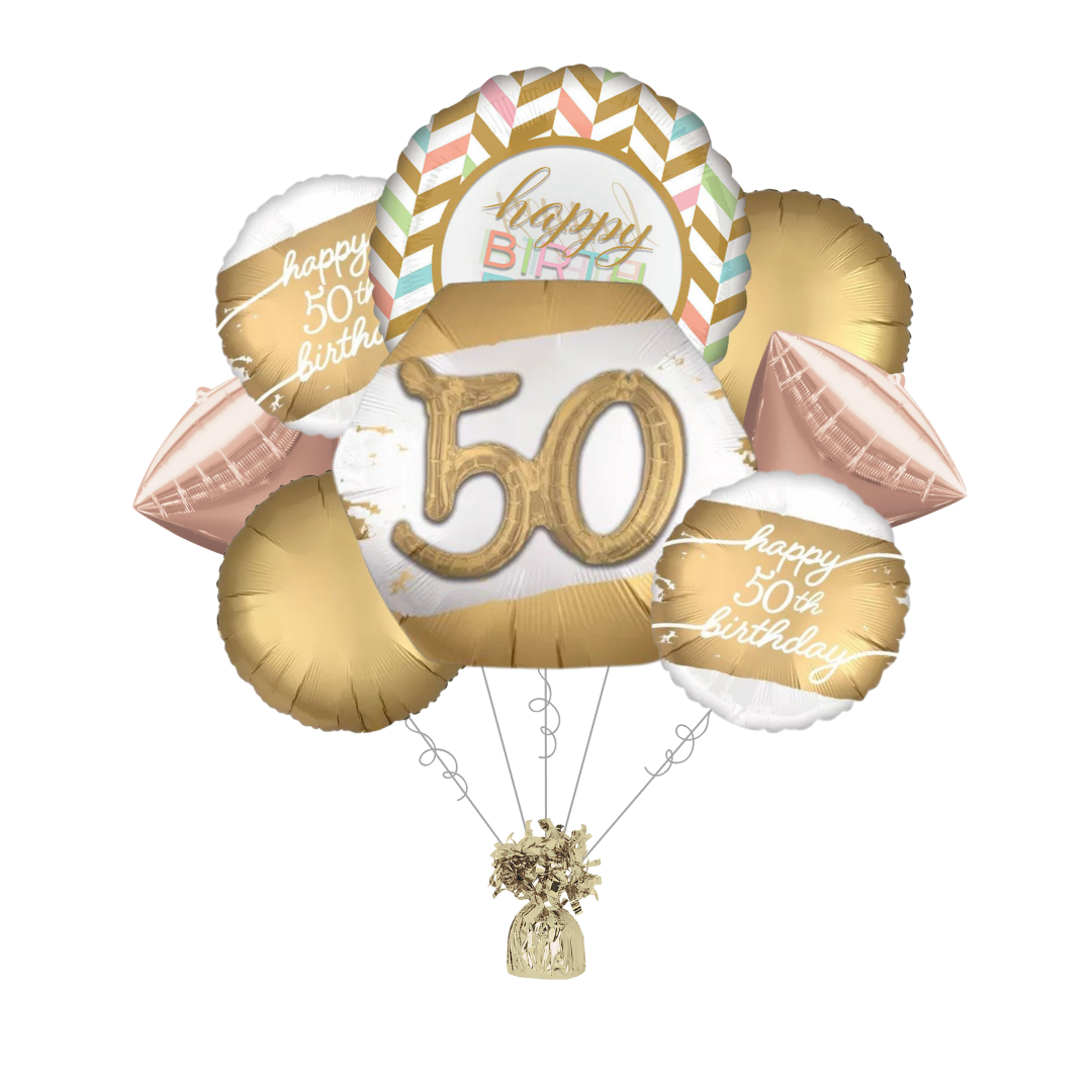 Premium Golden Age 50th Birthday Foil Balloon Bundle with Balloon Weight