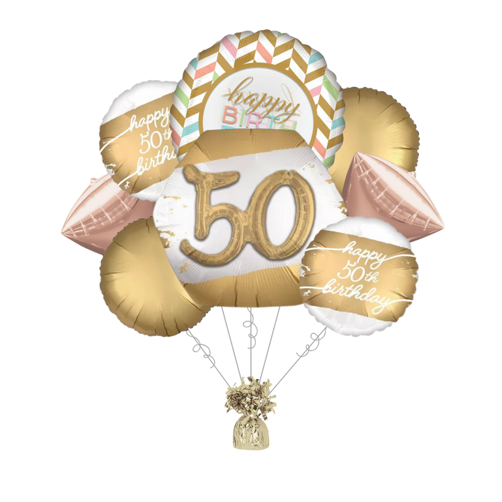 Premium Golden Age 50th Birthday Foil Balloon Bundle with Balloon Weight