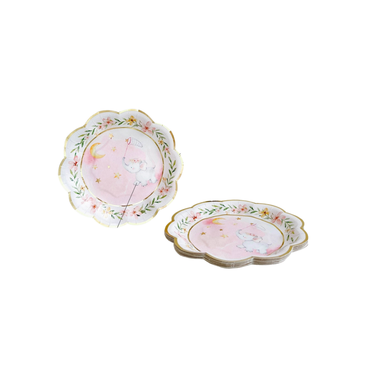 White and Pink Elephant Baby Shower Scalloped Small Appetizer Dessert Plates