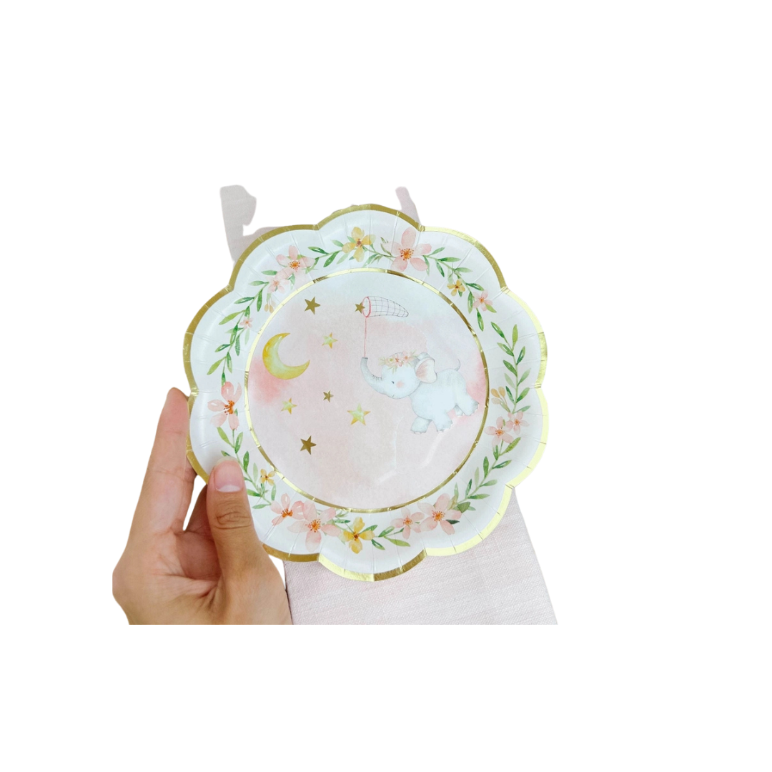 White and Pink Elephant Baby Shower Scalloped Small Appetizer Dessert Plates