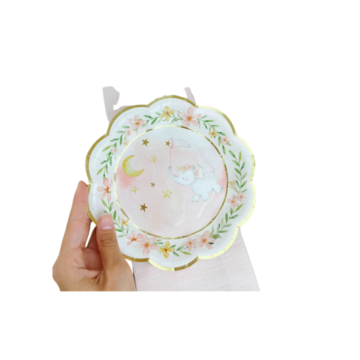 White and Pink Elephant Baby Shower Scalloped Small Appetizer Dessert Plates