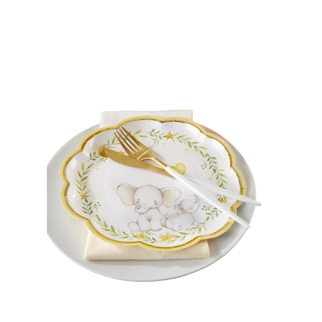 White and Yellow Elephant Baby Shower Scalloped Large Dinner Plates