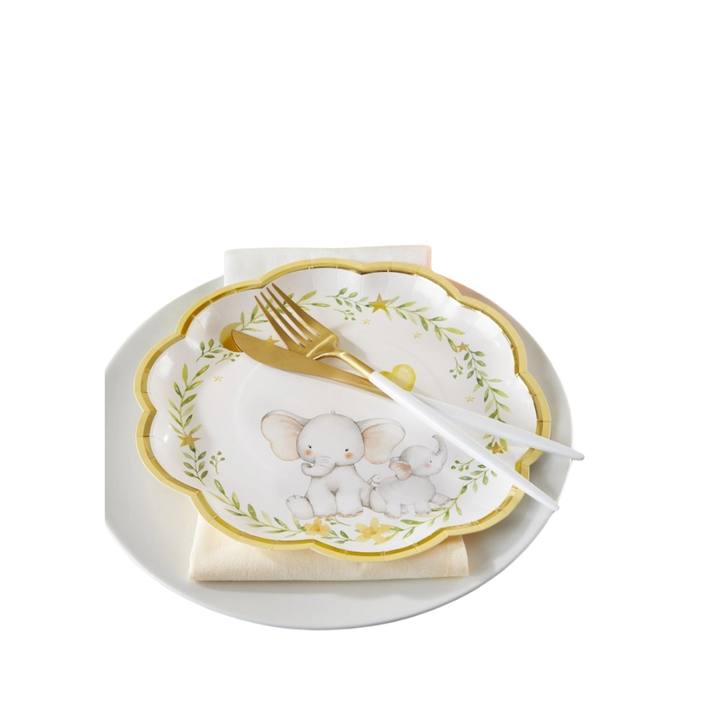 White and Yellow Elephant Baby Shower Scalloped Large Dinner Plates