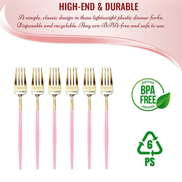 Gold with Pink Handle Moderno Disposable Dinner Forks - (12pk)