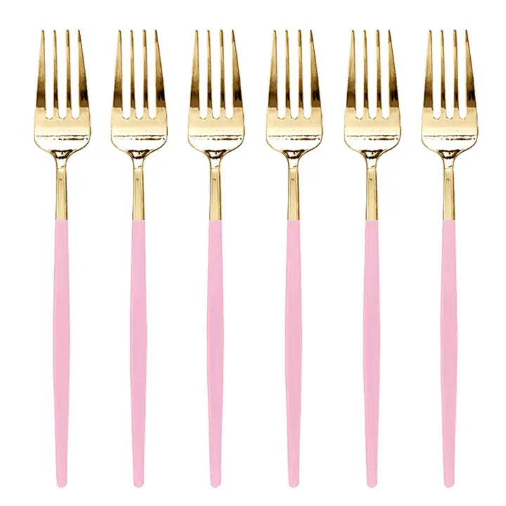 Gold with Pink Handle Moderno Disposable Dinner Forks - (12pk)