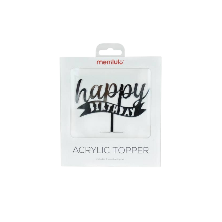 Silver Happy Birthday Banner Acrylic Cake Topper