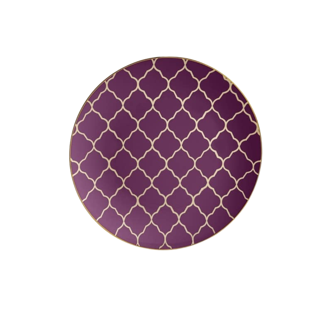 Purple Lattice Pattern Gold Rimmed Plastic Plates - 2 Sizes