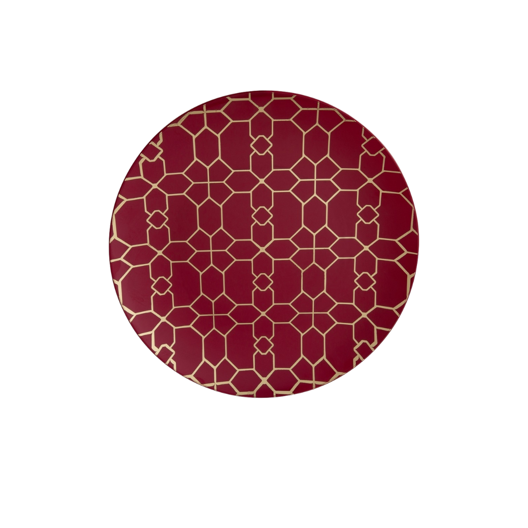 Cranberry Lattice Pattern Gold Rimmed Plastic Plates - 2 Sizes