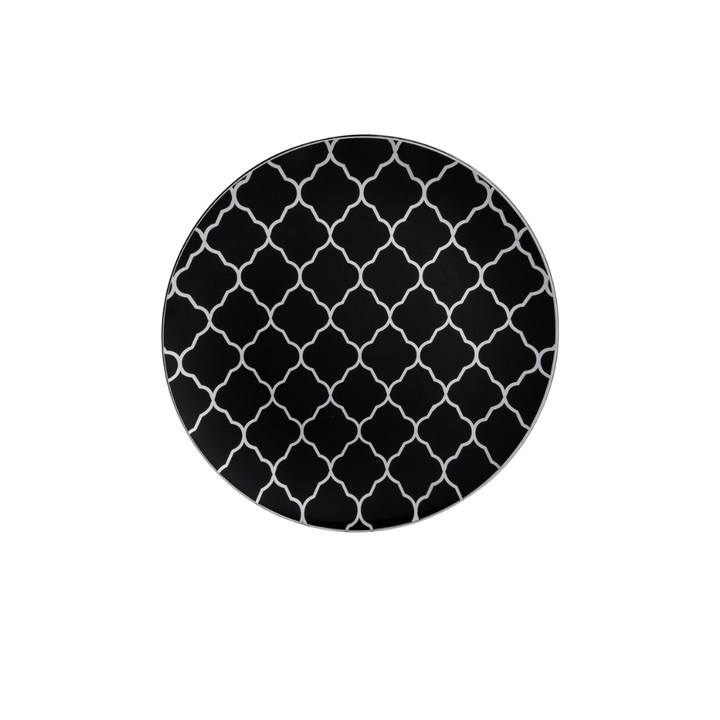 Black Lattice Pattern Silver Rimmed Plastic Plates - 2 Sizes