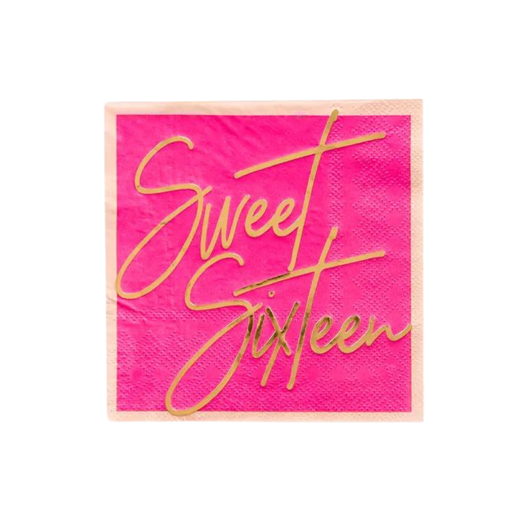 Pink and Gold Milestone "Sweet Sixteen" Cocktail Napkins