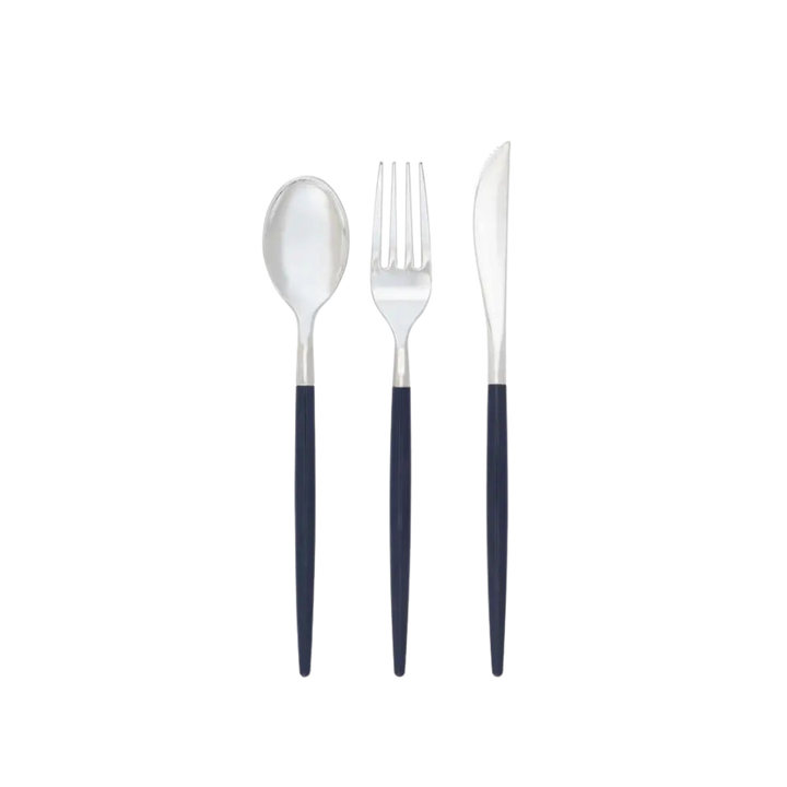 Navy and Silver Chic Plastic Cutlery Set - 32 pcs