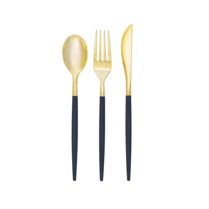 Navy and Gold Chic Plastic Cutlery Set - 32 pcs